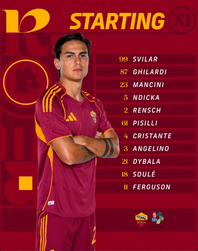 罗马友谊赛首发：迪巴拉领衔，苏莱、弗格森、皮西利、曼奇尼在列